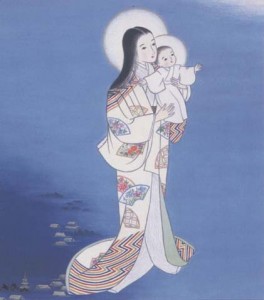 The Blessed Virgin Mary carrying the Christ Child, painted in Japanese traditional art-style.